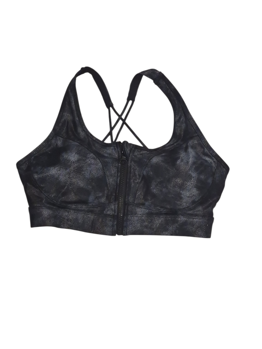 ZYIA Stone Wash Gray Front-Zip Sports Bra with Crisscross Straps Nwot
